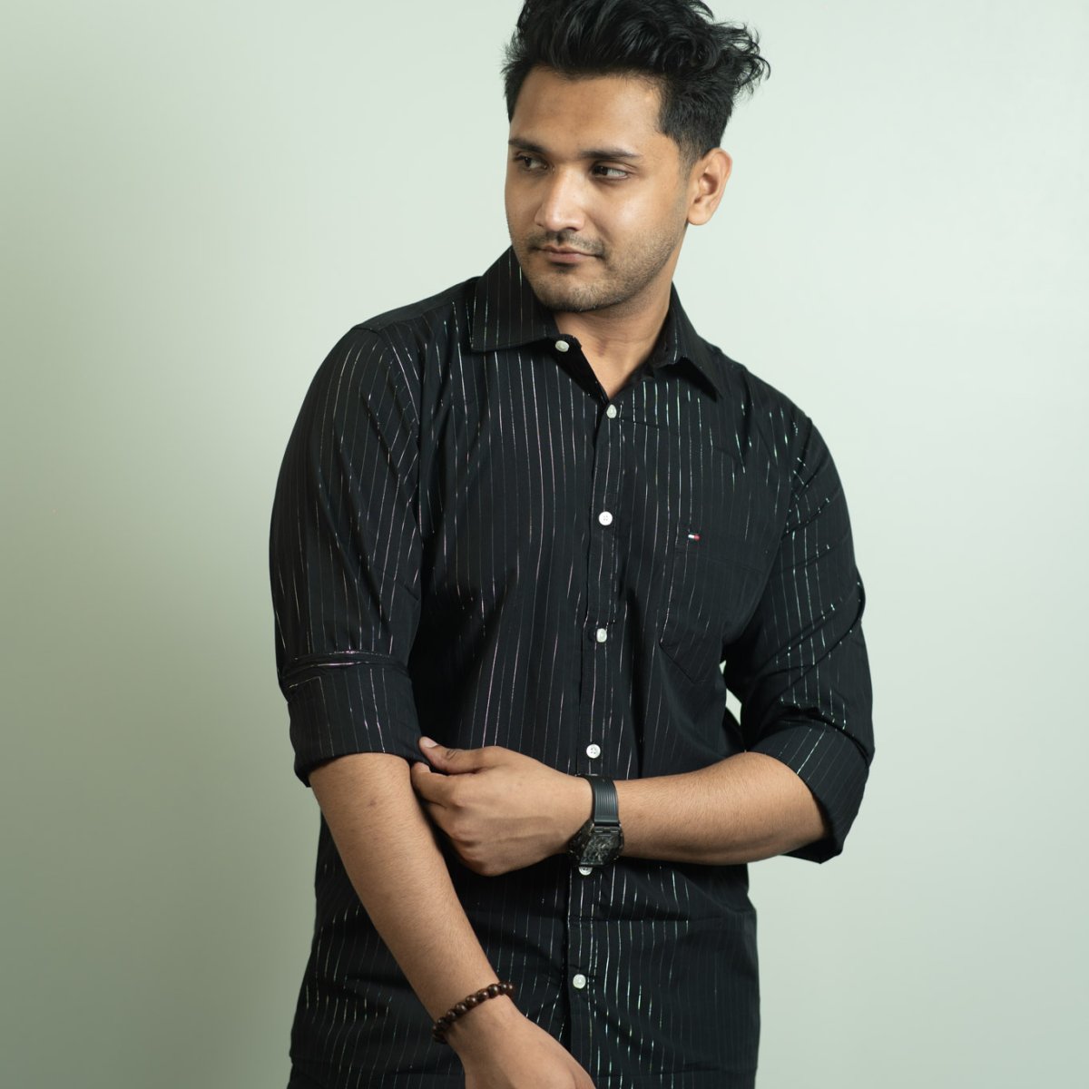 Tommy Black and Silver Metallic Pin Stripe Shirt